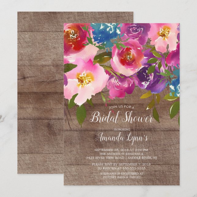 Rustic Wood Pink Flowers Bridal Shower Invitation (Front/Back)