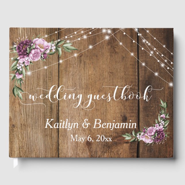 Rustic Wood, Pink Flowers & Lights Typography Guest Book (Front)