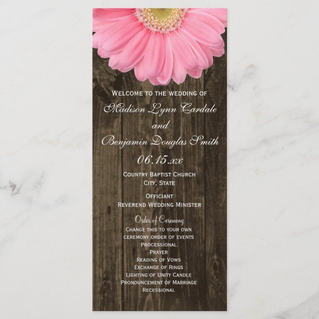 Rustic Wood Pink Gerber Daisy Wedding Programs Programme (Front)