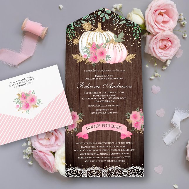 Rustic Wood Pink Gold Floral Pumpkin Baby Shower All In One Invitation (Creator Uploaded)