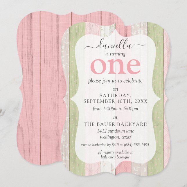 Rustic Wood Pink & Green Custom Age Birthday Party Invitation (Front/Back)