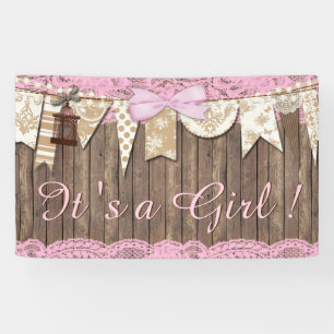 Rustic Wood Pink Lace Girl Baby Shower Banner