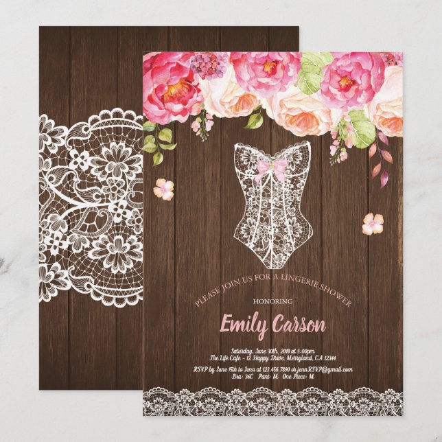 Rustic wood pink lingerie shower bridal party invitation (Front/Back)