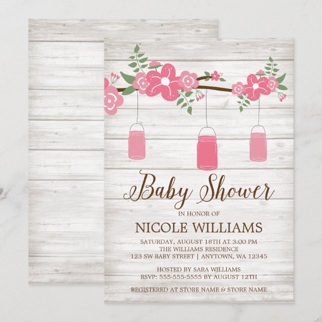 Rustic Wood Pink Mason Jar Branch Girl Baby Shower Invitation (Front/Back)