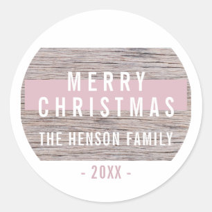 Rustic Wood Pink Merry Christmas Family Classic Round Sticker