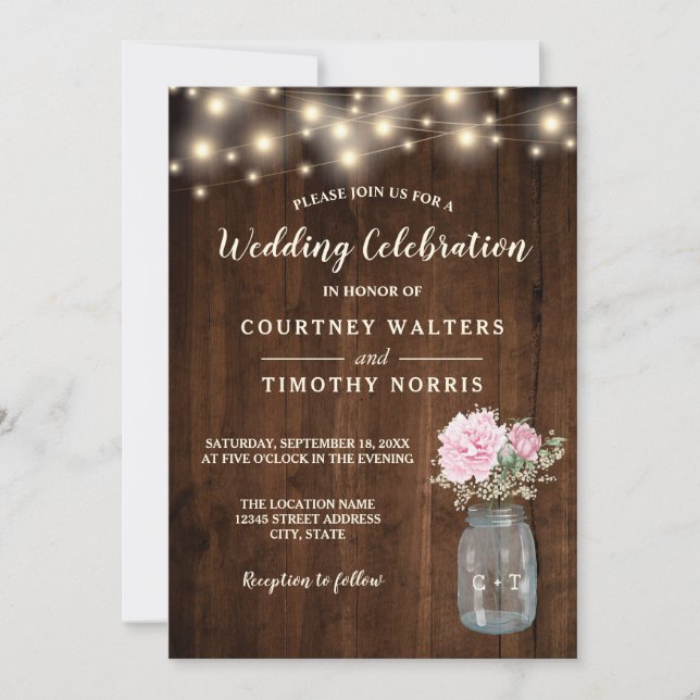 Rustic Wood Pink Peony Floral Mason Jar | Wedding Invitation (Front)