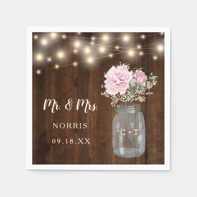 Rustic Wood Pink Peony Floral Mason Jar | Wedding Napkin (Front)