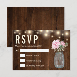 Rustic Wood Pink Peony Floral Mason    RSVP Card