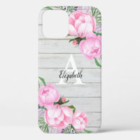 Rustic Wood Pink Peony Watercolor Monogram