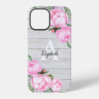 Rustic Wood Pink Peony Watercolor Monogram