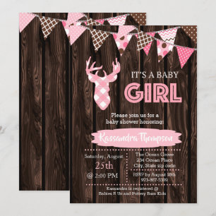 Rustic Wood Pink Plaid Deer Baby Shower Invitation