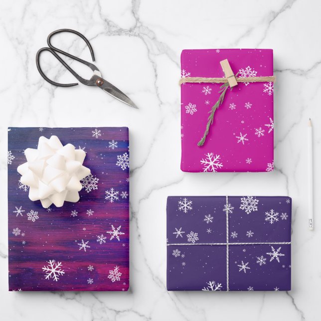 Rustic Wood Pink Purple Snowflake Christmas Wrapping Paper Sheet (Front)