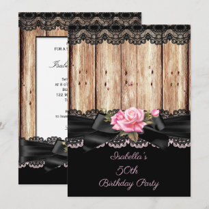 Rustic wood pink rose Black Lace bow 50th birthday Invitation