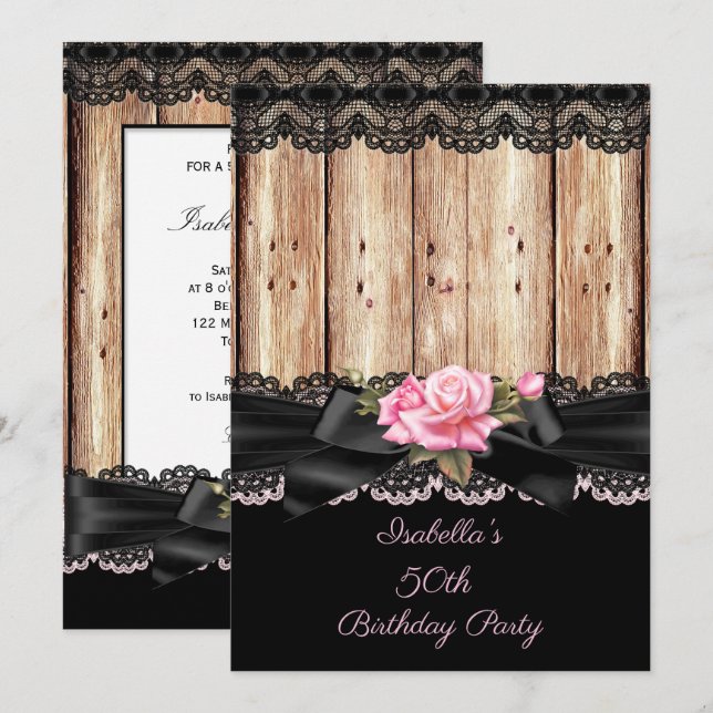 Rustic wood pink rose Black Lace bow 50th birthday Invitation (Front/Back)