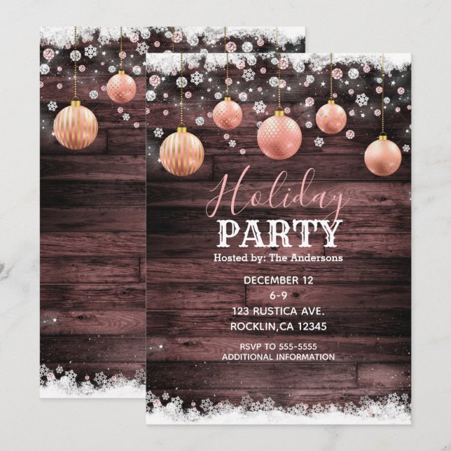 Rustic Wood Pink Rose Gold Ornaments Holiday Party Invitation (Front/Back)
