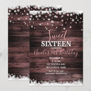Rustic Wood Pink Rose Snowy Winter Sweet 16 Party Invitation