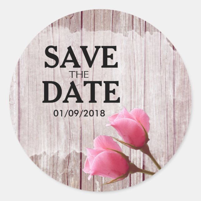 Rustic Wood Pink Rosebud Wedding Save The Date Classic Round Sticker (Front)