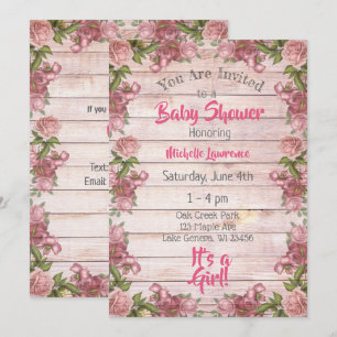 Rustic Wood Pink Roses Baby Shower Invitation