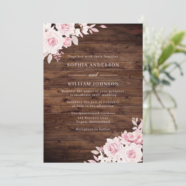 Rustic Wood Pink Roses Blush Floral Wedding Invitation (Standing Front)
