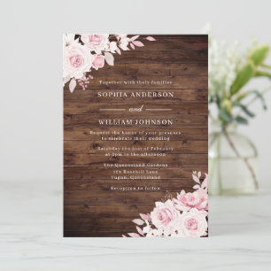 Rustic Wood Pink Roses Blush Floral Wedding Invitation