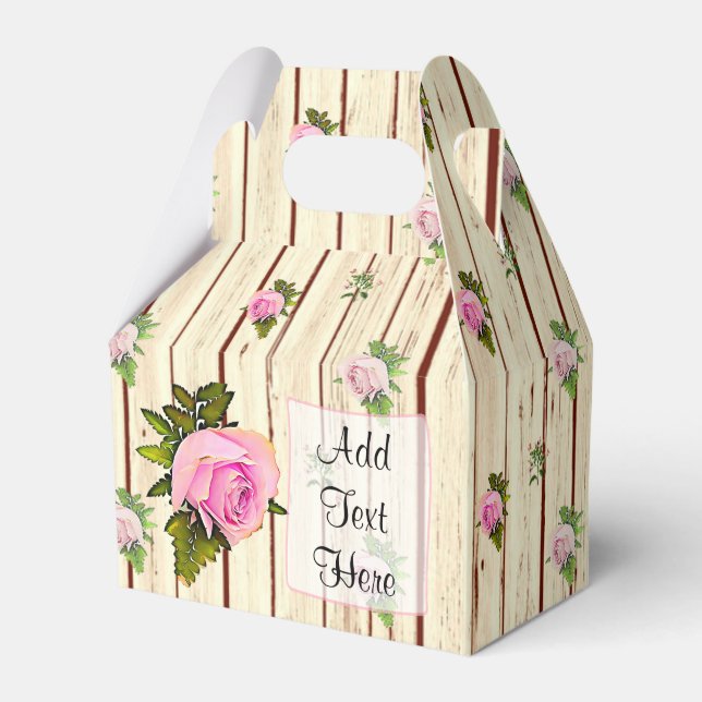 Rustic Wood Pink Roses Striped Floral Favour Box (Front Side)
