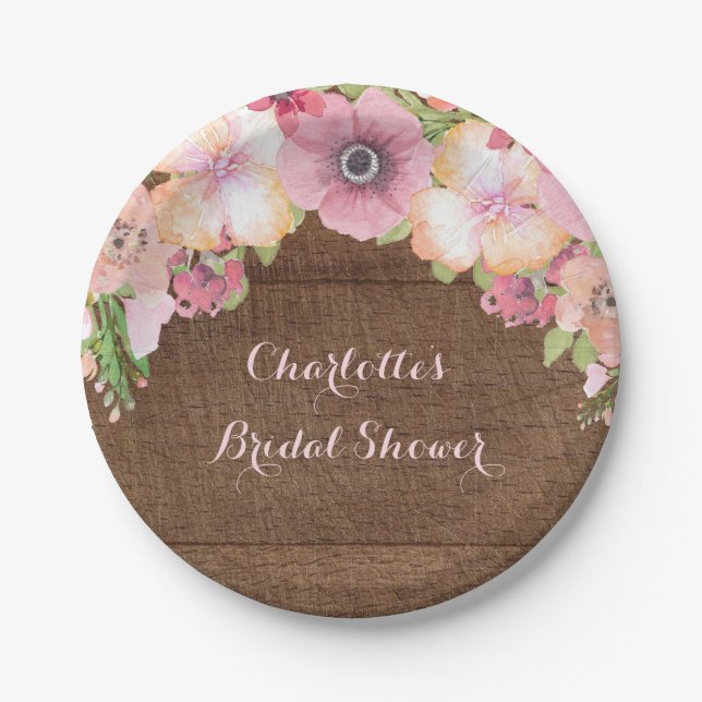 Rustic Wood Pink Watercolor Bridal Shower Plate (Front)