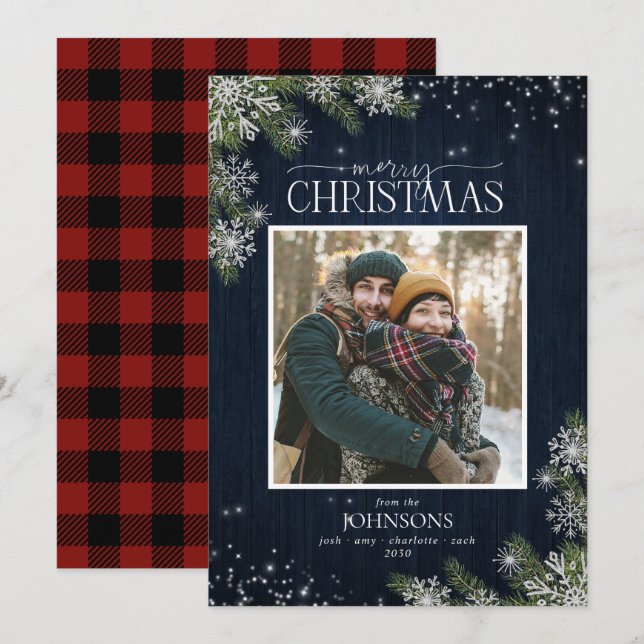 Rustic Wood Plaid Snowflakes Merry Christmas Photo Holiday Card (Front/Back)