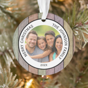 Rustic Wood Plank Family Photo Ornament