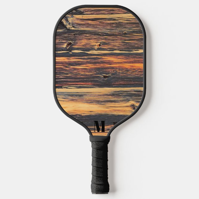 Rustic Wood Plank Modern Monogram Pickleball Paddle (Front)