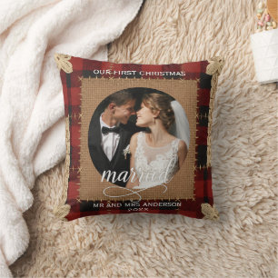 Rustic Wood Plank Plaid First Christmas Married Cushion