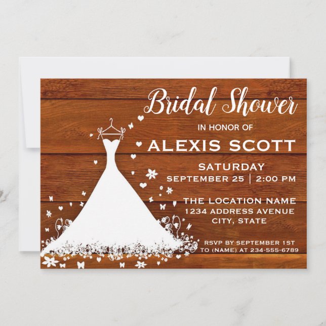 Rustic Wood Plank & Wedding Dress Bridal Shower Invitation (Front)