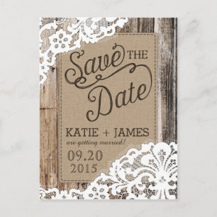Rustic Wood Planks and Lace Save the Date Announcement Postcard