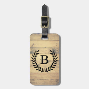 Rustic Wood Planks Black Laurels & Initial Letter Luggage Tag