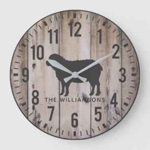 Rustic  Wood Planks Custom Family Name Sheep  Larg Large Clock