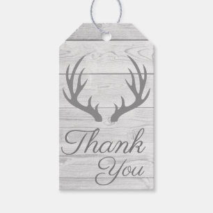 Rustic Wood Planks Grey Deer Antlers Thank You Gift Tags