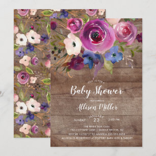 Rustic Wood Plum Floral Baby Shower Invitation