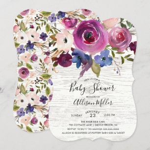Rustic Wood Plum Floral Baby Shower Invitation