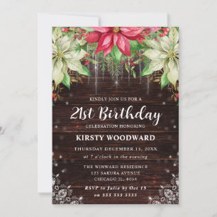 Rustic Wood & Poinsettia 21st Birthday Party Invitation