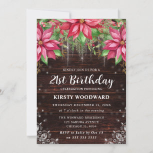 Rustic Wood & Poinsettia 21st Birthday Party Invitation