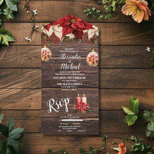 Rustic Wood Poinsettia Floral Christmas Wedding All In One Invitation