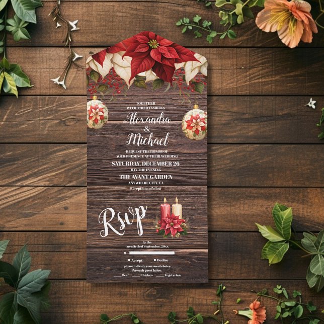 Rustic Wood Poinsettia Floral Christmas Wedding    All In One Invitation (Creator Uploaded)