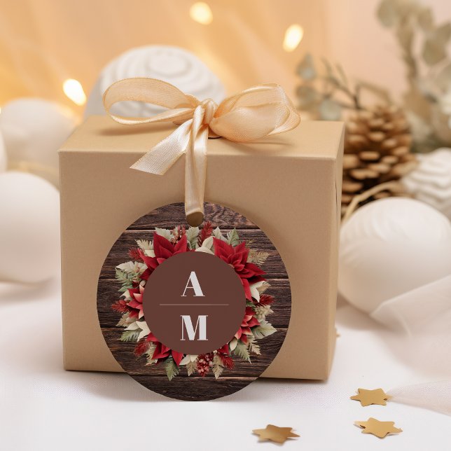 Rustic Wood Poinsettia Floral Christmas Wedding    Classic Round Sticker (Creator Uploaded)