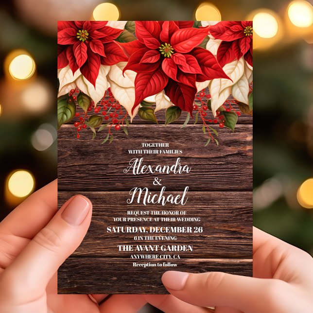 Rustic Wood Poinsettia Floral Christmas Wedding    Invitation (Creator Uploaded)
