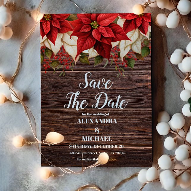 Rustic Wood Poinsettia Floral Christmas Wedding    Save The Date (Creator Uploaded)