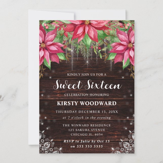 Rustic Wood & Poinsettia Sweet Sixteen Invitation (Front)