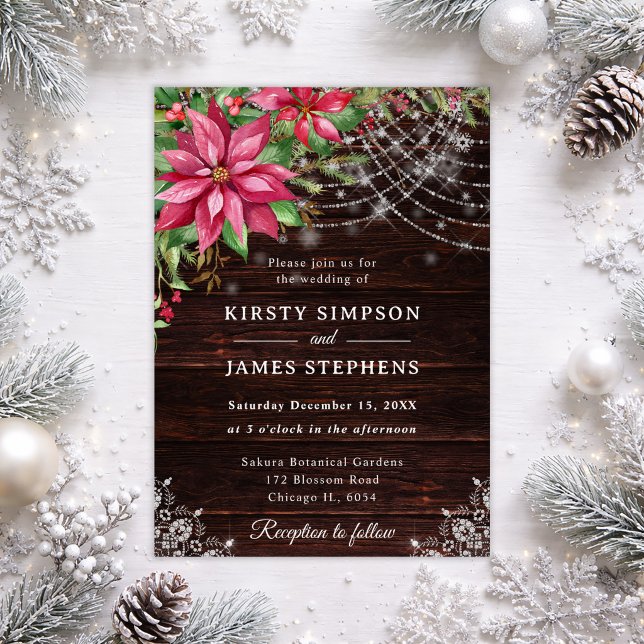 Rustic Wood & Poinsettia Winter Wedding Invitation (Creator Uploaded)
