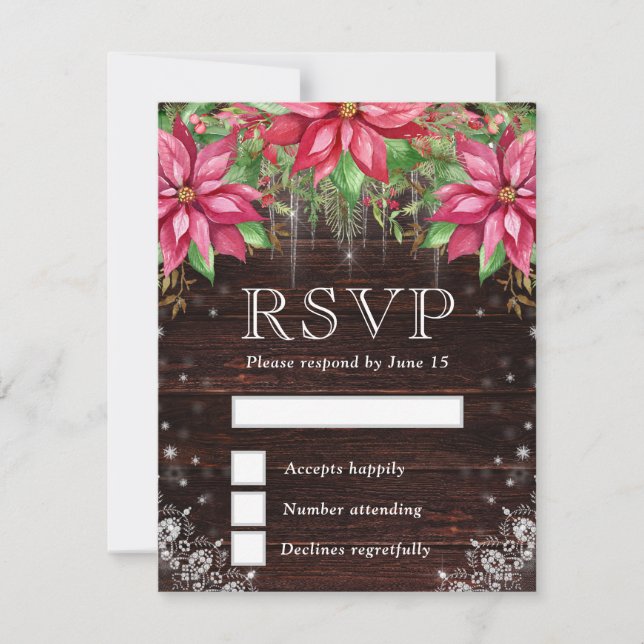 Rustic Wood & Poinsettia Winter Wedding RSVP Card (Front)