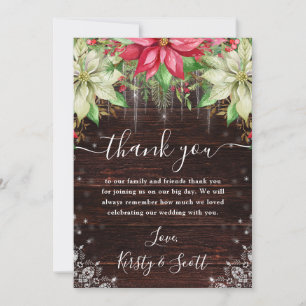 Rustic Wood & Poinsettia Winter Wedding Thank You Card