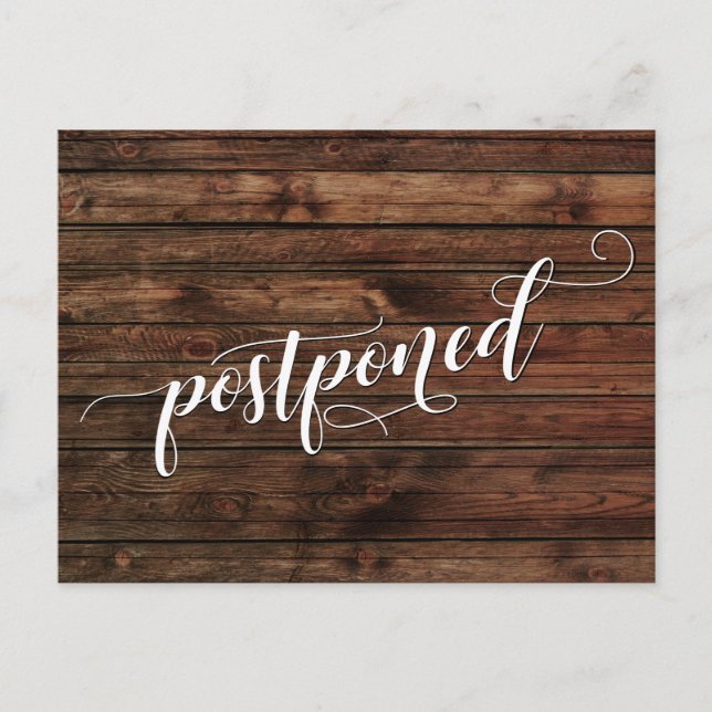 Rustic Wood Postponed Wedding Announcement Postcard (Front)