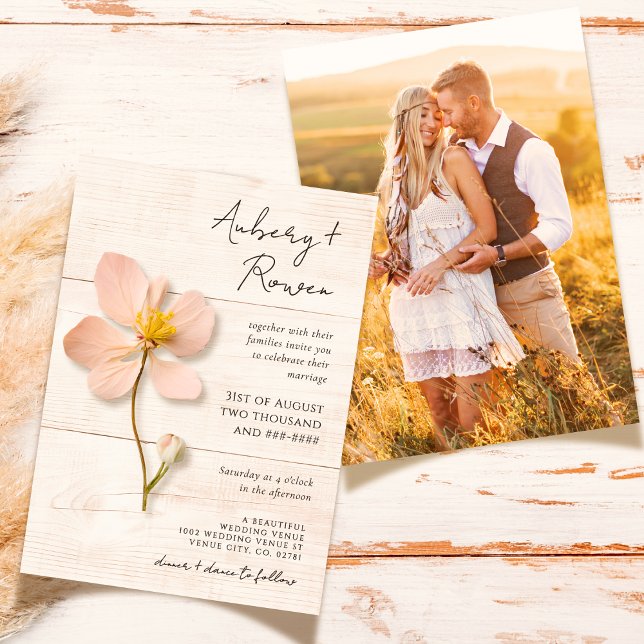 Rustic Wood Pressed Wildflower Boho Photo Wedding Invitation (Creator Uploaded)